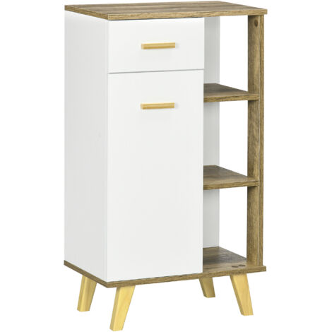 Mobile bagno moderno con armadio, cassetto e ripiani in legno, armadio da bagno salvaspazio multifunzionale con base rialzata, 50x30x89 cm, bianco (1/5)