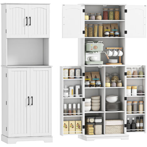 Mobile da cucina rustico con 8 porta spezie, 4 lati, ripiani regolabili e ripiano per forno a microonde, alto 181,5 cm, bianco