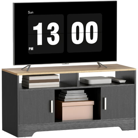 Mobile porta TV in legno con 2 vani, 2 ante e 1 vano a giorno, 105 x 40 x 52 cm, finitura legno nero. (1/5)