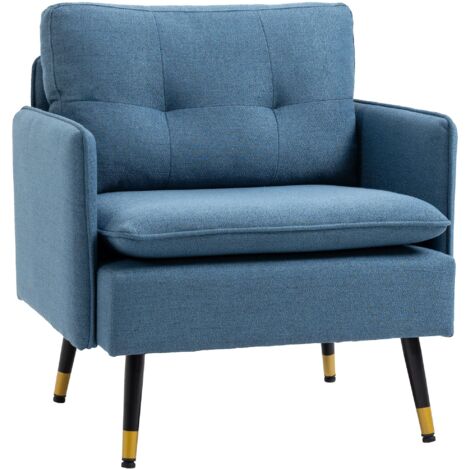 Poltrona scandinava con schienale trapuntato, rivestimento in tessuto, 76 x 68 x 80 cm, gambe in metallo blu, nero e oro. (1/5)