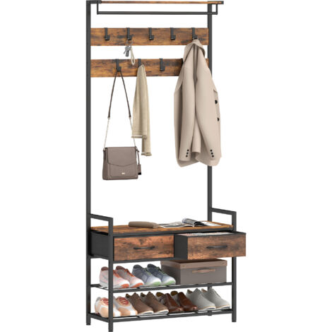 Appendiabiti con ganci, panca porta scarpe, mobile contenitore industriale per ingresso, struttura in acciaio, marrone rustico