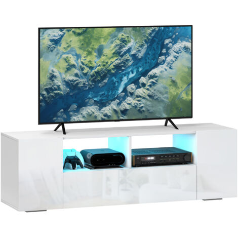 Mobile porta TV a LED bianco lucido per il soggiorno, con vani portaoggetti integrati e illuminazione a LED, dal design moderno e funzionale. (1/5)