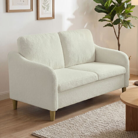 Divano a 2 posti, divano da soggiorno in tessuto a trama intrecciata con cuscini inclusi, seduta imbottita, 137 x 69 x 82 cm, crema