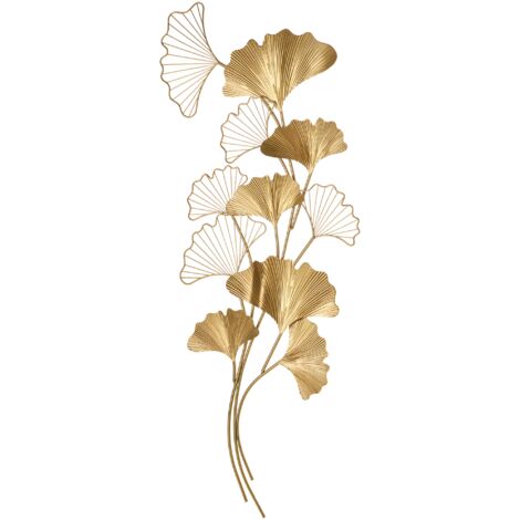 Decorazione murale 3D in metallo  Foglie di Ginkgo dorate  138 x 70 cm  Lussuosa scultura da parete per soggiorno (1/5)