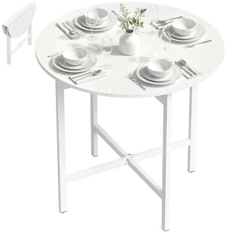 Tavolo da pranzo pieghevole, tavolo da cucina rotondo Ø 80 cm per 4 persone con 2 prolunghe, gambe in acciaio, bianco
