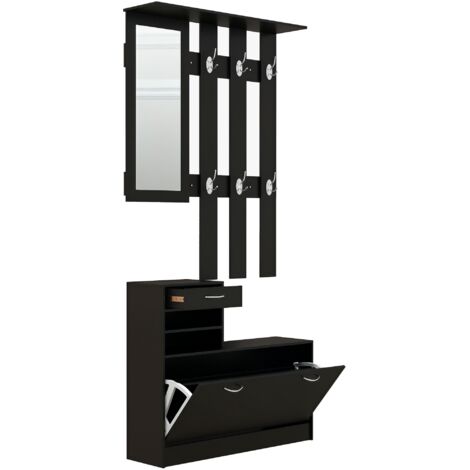 Set di mobili moderni per l'ingresso con scarpiera e specchio, appendiabiti da ingresso a 6 ganci con 2 ripiani regolabili e cassetti in legno per corridoio, 90 x 24 x 177 cm, nero