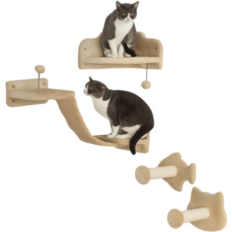 Tiragraffi da parete per gatti con 2 pali in sisal, doppia piattaforma con scaletta morbida e 1 piattaforma per saltare, beige. (1/5)