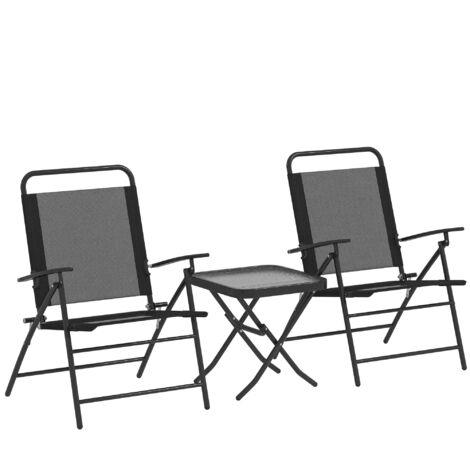 Set di 3 pezzi: tavolo con piano in vetro e sedie pieghevoli con schienale regolabile per esterni, colore nero. (1/5)