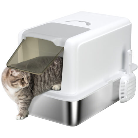 Lettiera per gatti in acciaio inox con coperchio rimovibile, paletta e sacchetti filtro, per gatti di taglia grande, colore bianco. (1/5)