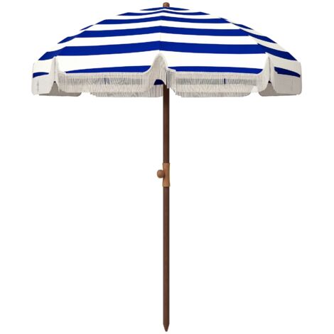 Ombrellone da spiaggia blu e bianco con frange Ø190x210 cm, protezione UV40+, antivento, impermeabile, con borsa per il trasporto. (1/5)