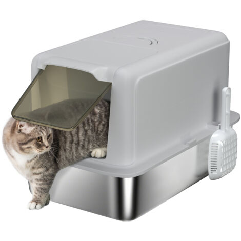 Lettiera per gatti in acciaio inox con coperchio rimovibile, paletta e sacchetti filtro, adatta a gatti di taglia grande, colore grigio. (1/5)