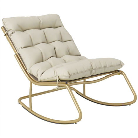 Sedia a dondolo da giardino in acciaio e Textilene beige e oro con morbido cuscino, larghezza 125 cm, profondità/altezza 64 cm. (1/5)