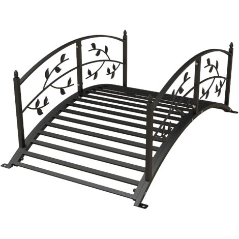 Ponte da giardino, ponte per laghetto, decorazione da giardino. Domenica. 119L x 67W x 47H cm con balaustra in acciaio nero con motivo a tralci di vite.