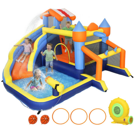 Castello gonfiabile 8 in 1 con soffiatore, scivolo, piscina, trampolino e parete da arrampicata per uso interno ed esterno, 350x325x210 cm, multicolore (1/5)
