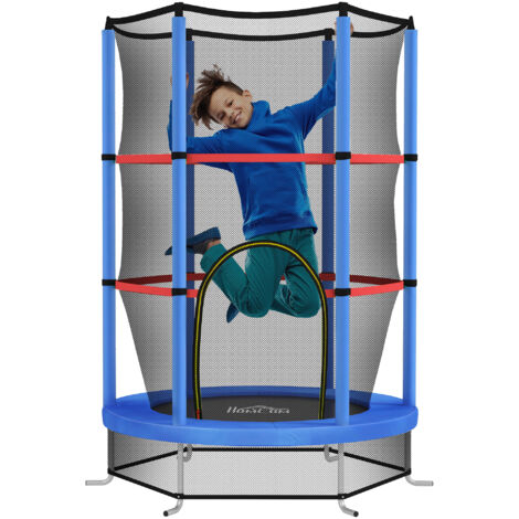 Tappeto elastico per bambini dai 3 ai 6 anni con rete protettiva, 6 colonne e ingressi, trampolino elastico in PE, plastica e metallo, Ø140x190 cm, blu e nero (1/5)