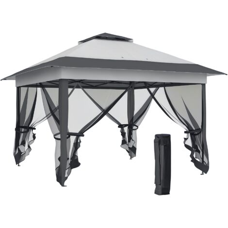 Gazebo da giardino pieghevole a scomparsa, in acciaio e poliestere, con zanzariere e borsa per il trasporto con ruote grigia. (1/5)