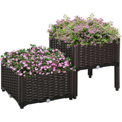 Set di 2 fioriere rialzate da giardino da 26 litri per patio, in PP, per piante e ortaggi, colore marrone. (1/5)