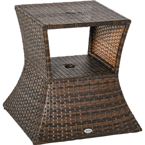 Tavolino da caffè da esterno in rattan, tavolino laterale da bistrot da giardino in vimini con foro per ombrellone e vano portaoggetti per balcone, veranda, marrone (1/5)