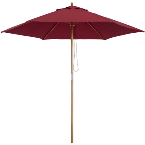 Ombrellone da giardino in legno da 2,5 m, parasole per patio, esterno, con telo di ventilazione, palo da 38 mm, meccanismo a fune e carrucola, colore rosso vino. (1/5)