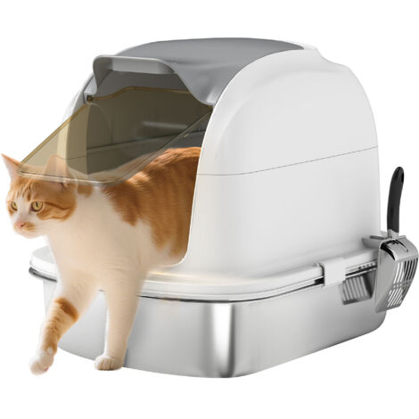 Lettiera per gatti di grandi dimensioni in acciaio inox con coperchio pieghevole dai bordi alti e paletta bianca.