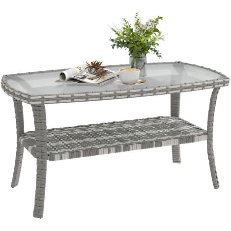 Tavolo da giardino rettangolare in rattan grigio scuro con piano e ripiano in vetro temperato ondulato, 90x50x45 cm (1/5)