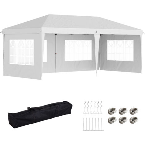 Gazebo bianco da esterno con finestre regolabili in altezza e tende rimovibili, dimensioni 5,9x3x2,7 m. (1/5)