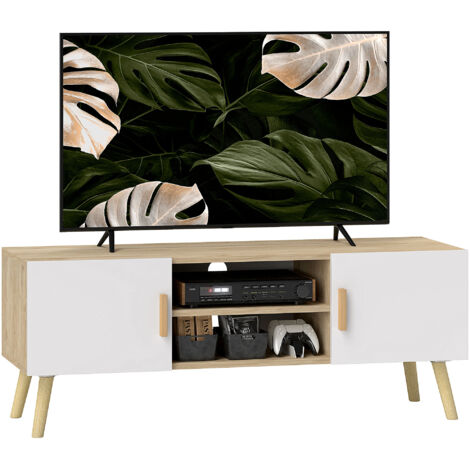 Mobile porta TV, mobile TV, panca in legno, mobile porta TV fino a 50 pollici con ripiani, 2 armadietti e passacavi, rovere (1/5)