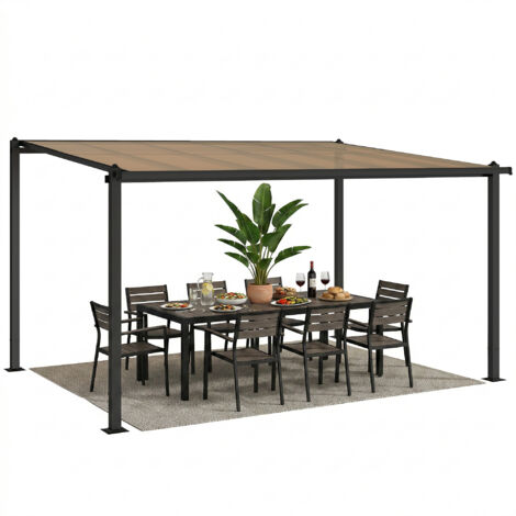 Pergola a parete 3,8 x 3 m con tetto in policarbonato, struttura rigida in alluminio con grondaie integrate, grigio scuro