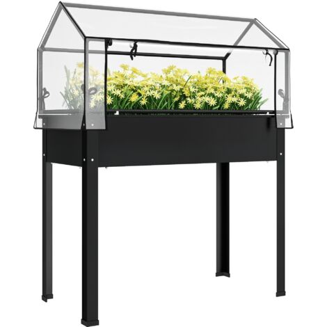 Aiuola rialzata con tettoia a serra, fioriera sopraelevata con fori di drenaggio, 100 x 48 x 124 cm, nera (1/5)