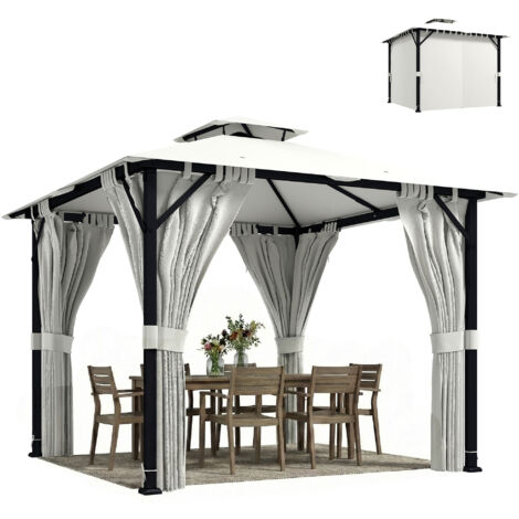 Gazebo da giardino per esterni 3x3 m, con doppio tetto, tende, ganci a soffitto, struttura in metallo, colore crema. (1/5)