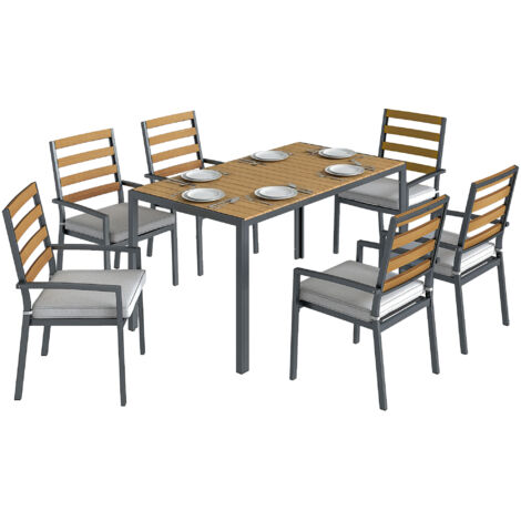 Set da giardino composto da 7 pezzi, con 1 tavolo da pranzo, 6 sedie e cuscini, per patio, in legno naturale. (1/5)