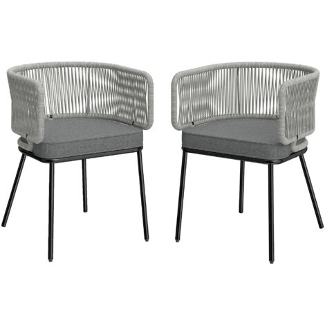 Set di 2 poltrone da giardino, schienale e braccioli in corda di resina intrecciata, cuscini sfoderabili, 55x57x75 cm, grigio chiaro. (1/5)