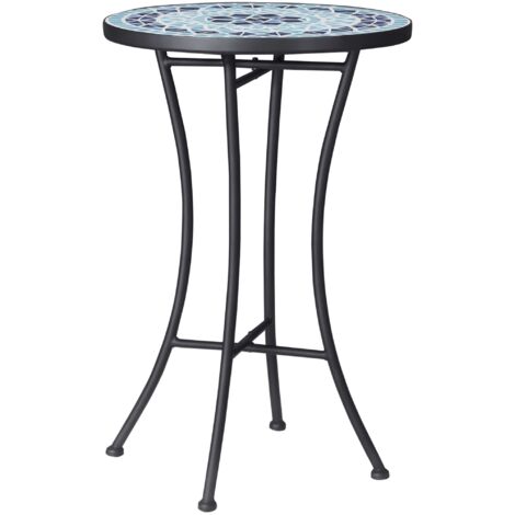 Tavolo da giardino rotondo in metallo con piano in ceramica, design a mosaico, Ø35,5x53,5 cm, blu (1/5)