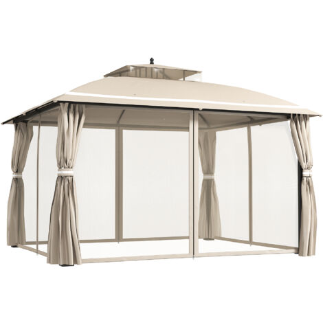 Gazebo da giardino 3,7 x 3 m con zanzariera, tende laterali e doppio tetto, beige. (1/5)