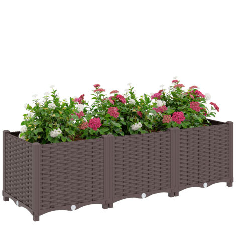 Fioriera rialzata, aiuola da giardino in plastica autoirrigante con fori e tappi di drenaggio, 120x40x37 cm, marrone (1/5)