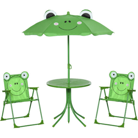 Set da giardino con tavolo e 2 sedie pieghevoli, tavolo da esterno con sedie e ombrellone per bambini in metallo e poliestere, verde