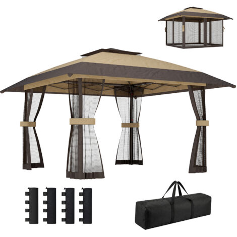 Gazebo pieghevole 4x4 m con 4 zanzariere laterali, doppio tetto e sacchi di sabbia, color kaki e marrone.