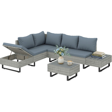 Set da giardino modulare angolare a 5 pezzi in resina effetto rattan con chaise longue regolabile e tavolo in materiale composito grigio. (1/5)