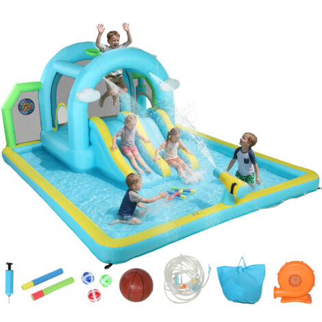 Castello acquatico gonfiabile 7 in 1 con soffiatore, 2 scivoli, trampolino, piscina, canestro da basket, colonna da boxe, 426x360x198 cm (1/5)