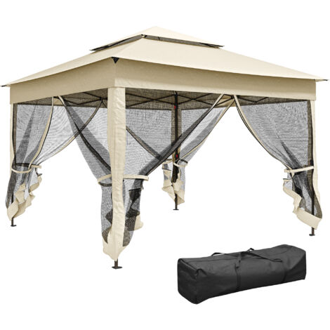 Gazebo da giardino pieghevole a scomparsa 3m x 3m - Impermeabile e resistente ai raggi UV, in metallo e poliestere, con zanzariere, colore crema, borsa per il trasporto inclusa. (1/5)