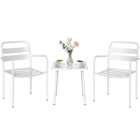 Set da bistrot da giardino in metallo composto da 3 pezzi, con 2 sedie da giardino, tavolo in vetro, design a doghe, resistente alla ruggine. (1/5)
