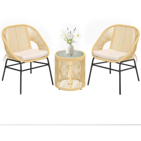 Set da bistrot a 3 pezzi in rattan e acciaio con 2 sedie, tavolo rotondo con piano in vetro temperato, beige (1/5)