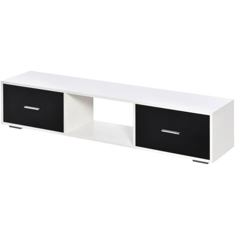 Mobile porta TV per televisori fino a 60 pollici. Tavolino porta TV da soggiorno in stile moderno, con 2 cassetti e un vano a giorno, 140x30x32 cm, bianco e nero. (1/5)