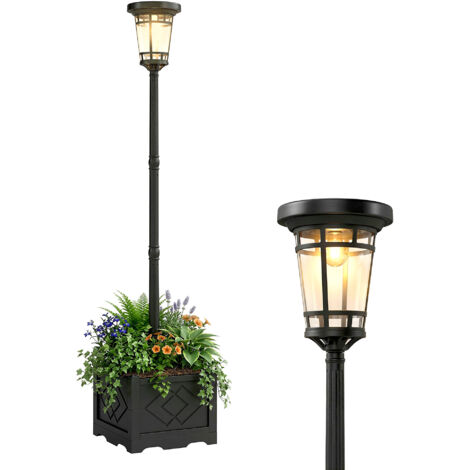 Lanterna solare da terra con vaso di fiori, 195 cm, lanterna da giardino per esterni con 2 livelli di luminosità e interruttore di controllo della luce, IP44.