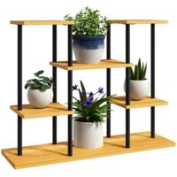 Scaffale per piante da interno, struttura in acciaio a 6 ripiani, base in legno massello, 80 x 24 x 61,5 cm, legno naturale