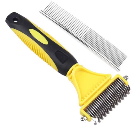 Two-piece set: dog brush, cat brush, and animal hair remover comb removes 96% of dead hair and tangles professional hair removal for both long and short hair – yellow. (1/5)