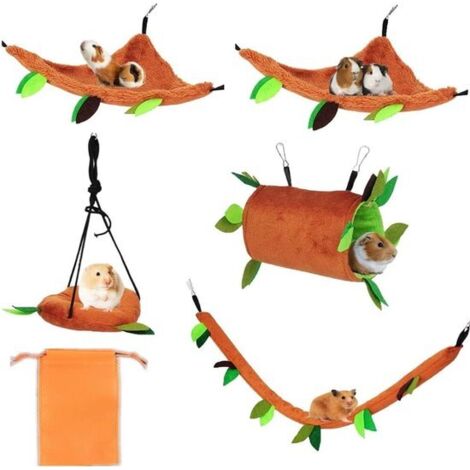 Guinea Pig Toy 5-Piece Set - Hamster Hammock - Small Animal Bed - Forest Theme Jungle Nesting Accessories - Ferret Cage Toy - Rodent (Mice, Small Mouse, Chinchilla) Hammock Tunnel