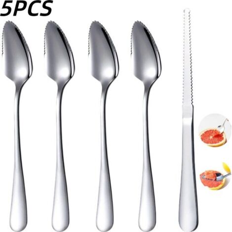 5-Piece Set - Fruit Spoon - Grapefruit Spoon - Puree Spoon - Grapefruit Knife - Stainless Steel - Kitchen Tools - Suitable for Grapefruit, Apple, Kiwi, and Citrus Fruits - Silver - 16.8 x 2.9 cm - Bla (1/5)
