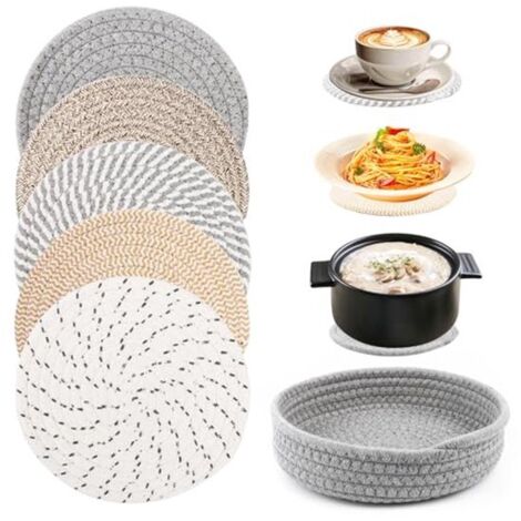 set of 5 round cotton heat-resistant mats (20 cm each) – waterproof and heat-resistant, suitable for frying pans, cooking pots, and vases. (1/5)