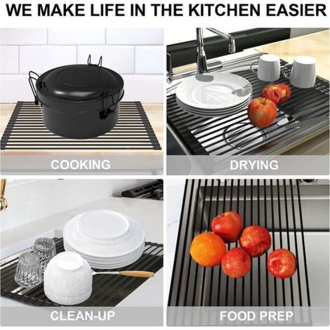 Drain rack, sink, drain rack, cutlery, stainless steel, foldable, with cutlery holder, stainless steel, sink, top, drain rack (58 cm - 31 cm) x 32 cm, gray (1/2)